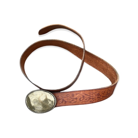 J. Crew 100% Leather Tooled Belt Large Hammered Oval Buckle USA